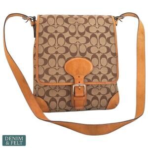 Coach Signature Canvas & Leather Crossbody Messenger Bag Brown Tan Flap Buckle